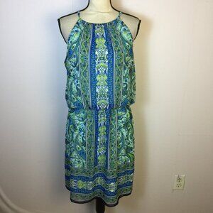 London Times Blouson Dress Size 12 Womans Blue Paisley Halter Neck Sleeveless